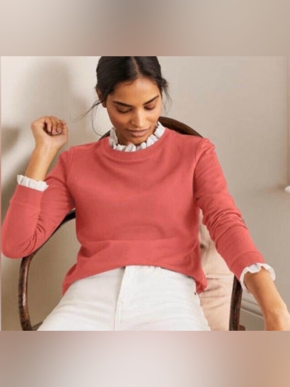 Boden Holly Jersey Sweatshirt Dusty Red Lace Ruffle Trim Large